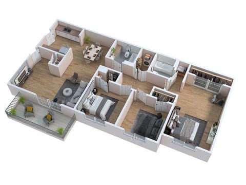 Floor plan for 3 beds, 2 baths, 1360 sqft